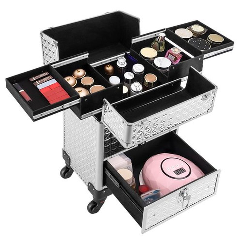 YIYIBYUS Manicure Storage Case, Makeup Trolley Rolling w/Wheels, Rolling Nail Case, Polish Organizer Makeup Train Case Durable Large Capacity Organizer w/lock for Studio or Travelling (Silver)