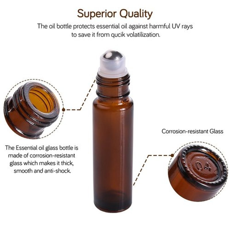 PrettyCare Roller bottles for oils 10ml (Amber Glass, 24 pack, 4 Extra Stainless Steel Balls, 48 Labels, Openers, 2 Funnels, 2 Droppers Roller Balls For Essential Oil Roller Bottles