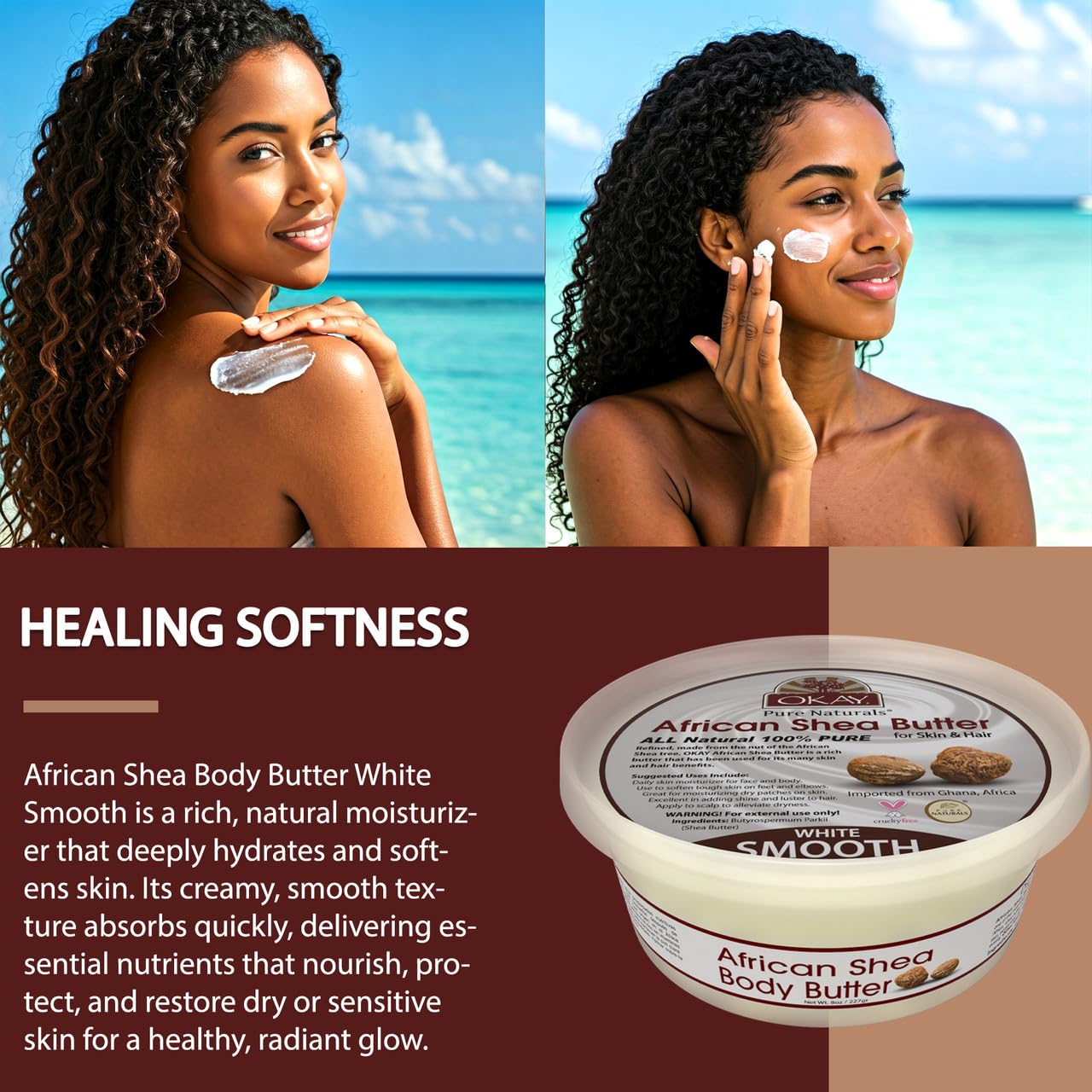 OKAY White Shea Butter for Hair and Skin - Raw African Shea Butter for Women and Men, Daily Moisturizer for Face and Body, Helps with Stretch Marks, Soothes Dryness - 7.5 Oz Jar (Pack of 2)