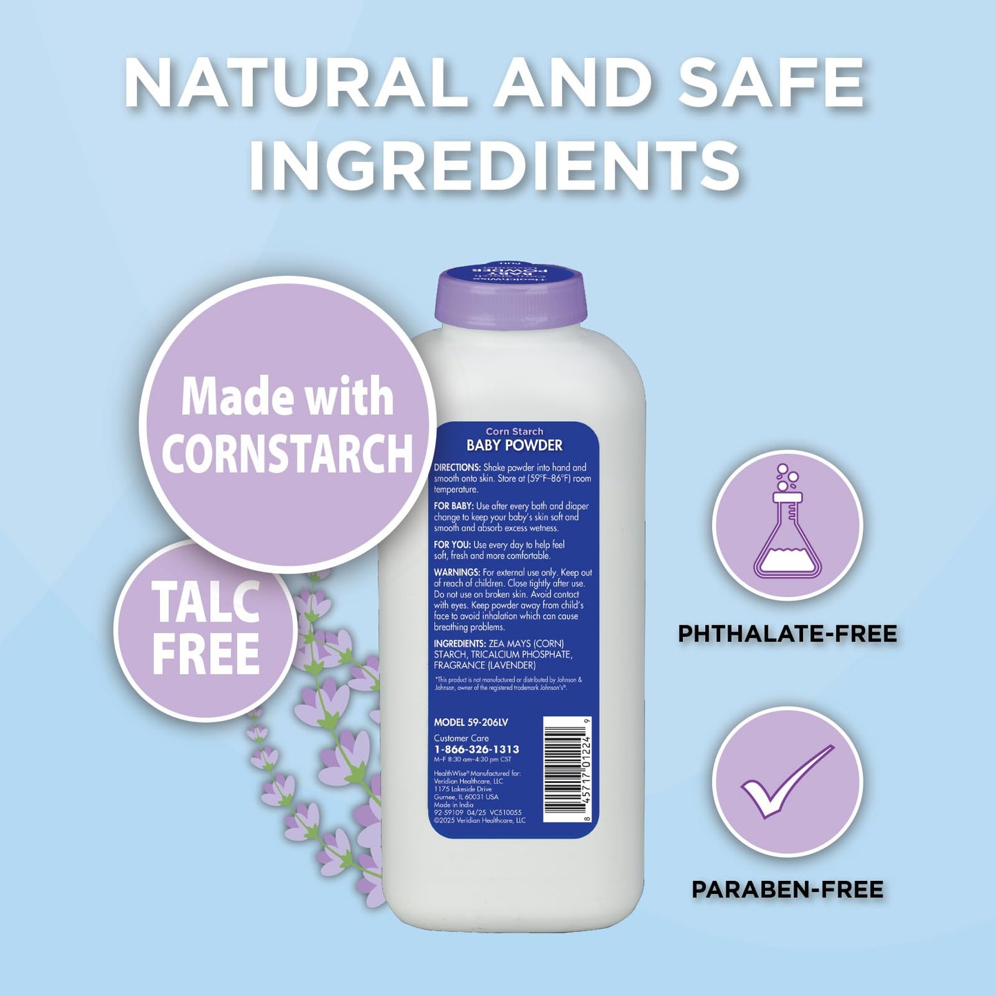 HealthWise Corn Starch Baby Powder | Aloe + Vitamin E | Talc Free | Paraben & Phthalate Free | Absorbs Moisture | 15 oz (425g)