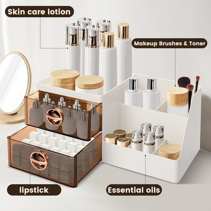 Makeup Organizer with Clear Drawers,Plastic Skincare Organizers for Vanity,Large Capacity Makeup Organizer Countertop for Cosmetics, Skincare,Office Stationery (Brown Drawer)