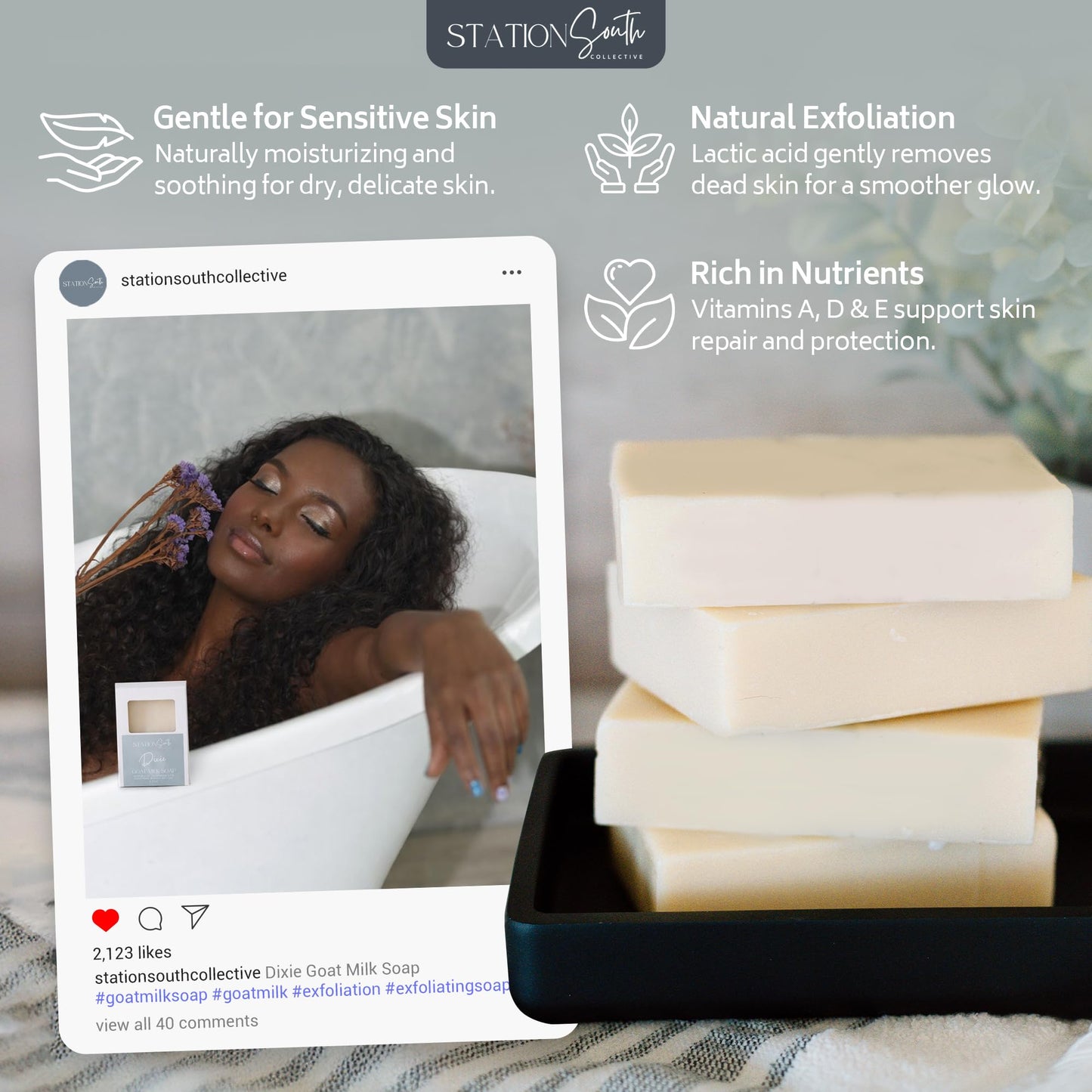 Station South Collective Dixie Goat Milk Soap Bar – Moisturizing & Gentle Body Soap for Sensitive Skin, Hydrating Cleanse with Shea Butter, Lavender & Spearmint