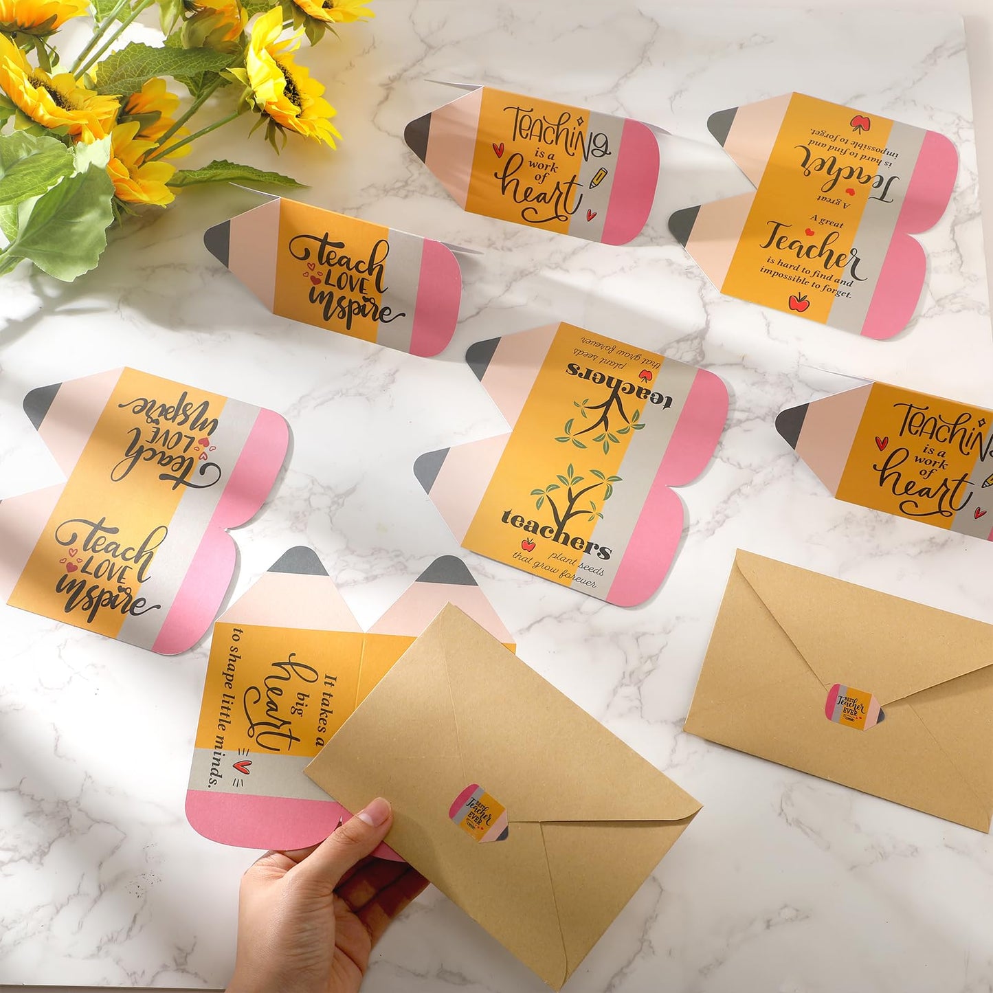 Spakon 24 Sets Teacher Appreciation Gifts Teacher Thank You Cards Bulk with Envelope and Sticker Pencil Shape Cards Inspirational Thank You Note End of School Year Gifts, 6 Styles