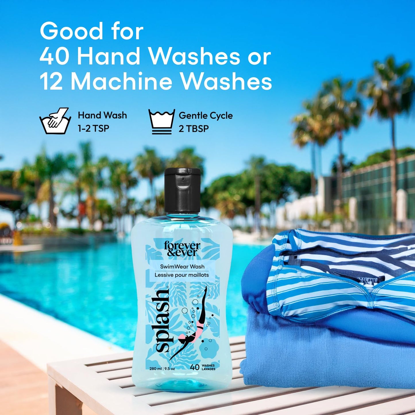 Splash Natural Laundry Detergent for Swimwear, Chlorine Neutralizer Swimsuit Wash, Hypoallergenic Liquid Laundry Detergent, Nontoxic & Color Safe Formula, High Efficiency (HE) Safe, 9.5 oz, 1-Pack