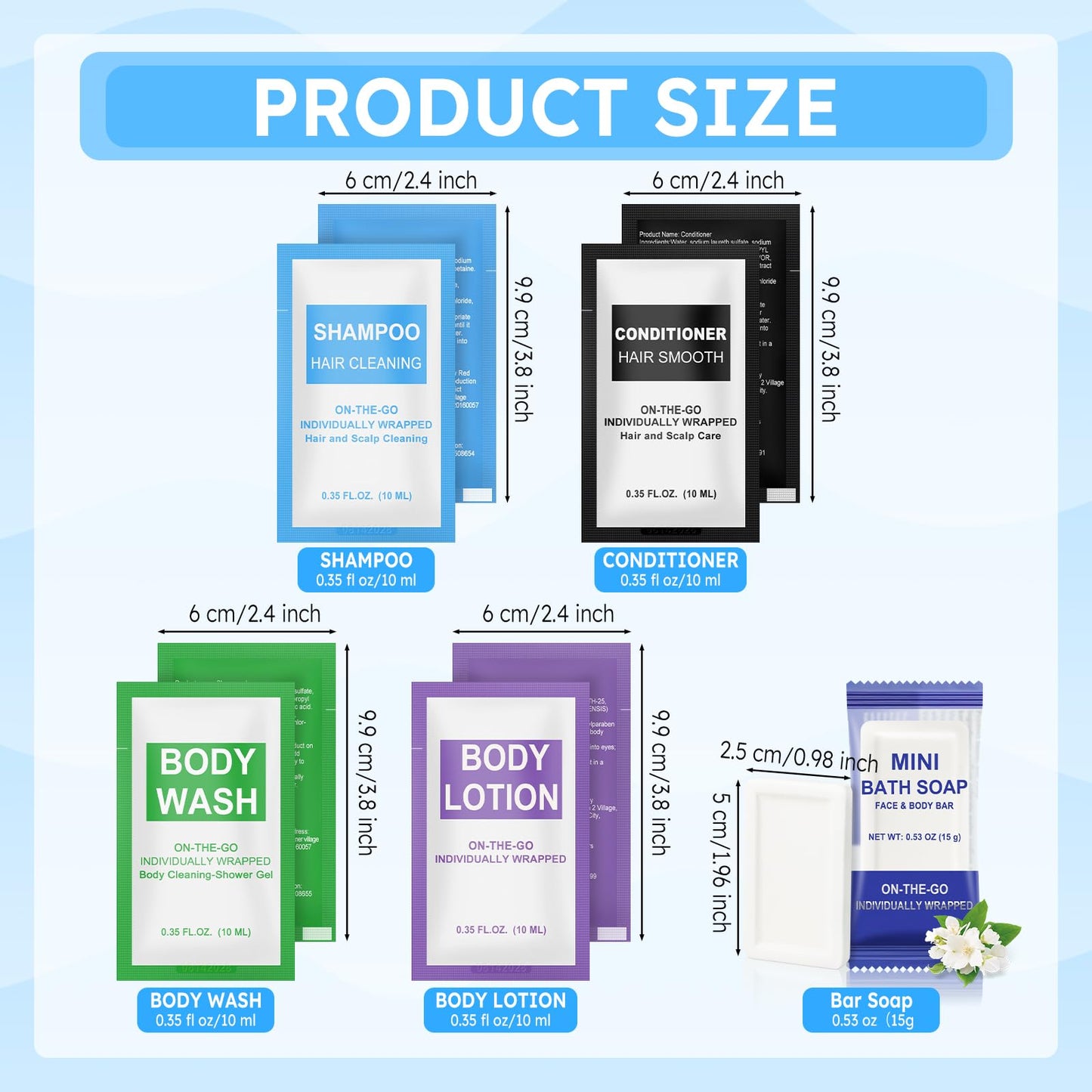 10 Pcs 5-IN-1 Hotel Soaps and Toiletries Bulk Set,5-Piece Set 0.35 oz each Packets Shampoo,Conditioner, Body Wash and Lotion,0.53 oz Soap Mini Travel Size Toiletries Supplies kit for Guests,Homeless