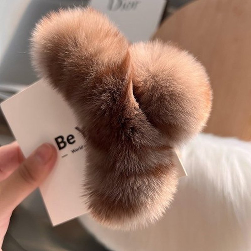 papasgix Hair Claw Clips for Women, Large Faux Fur Hair Claw Clip for Women, Large Hair Clips Winter Fluffy Plush Hair Claw Clips Hair Accessories (Dark Coffee+Milk Tea)