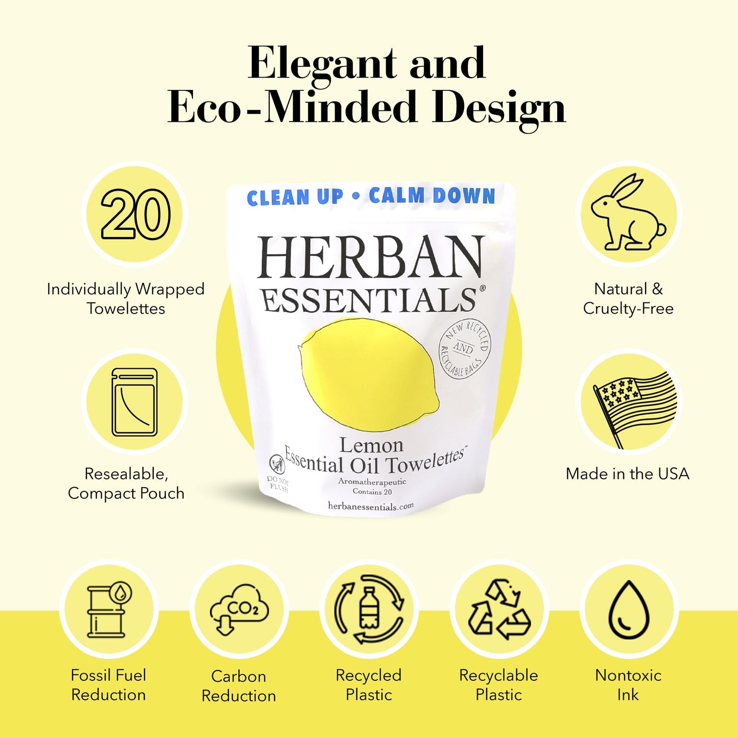 Herban Essentials - Lemon Wipes & Towelettes - Essential Oil Wipes for Make Up, Hands, Face & Body - Travel Size Essentials & Toiletries - Natural, Individually Wrapped, Disposable & Moist (20 count)