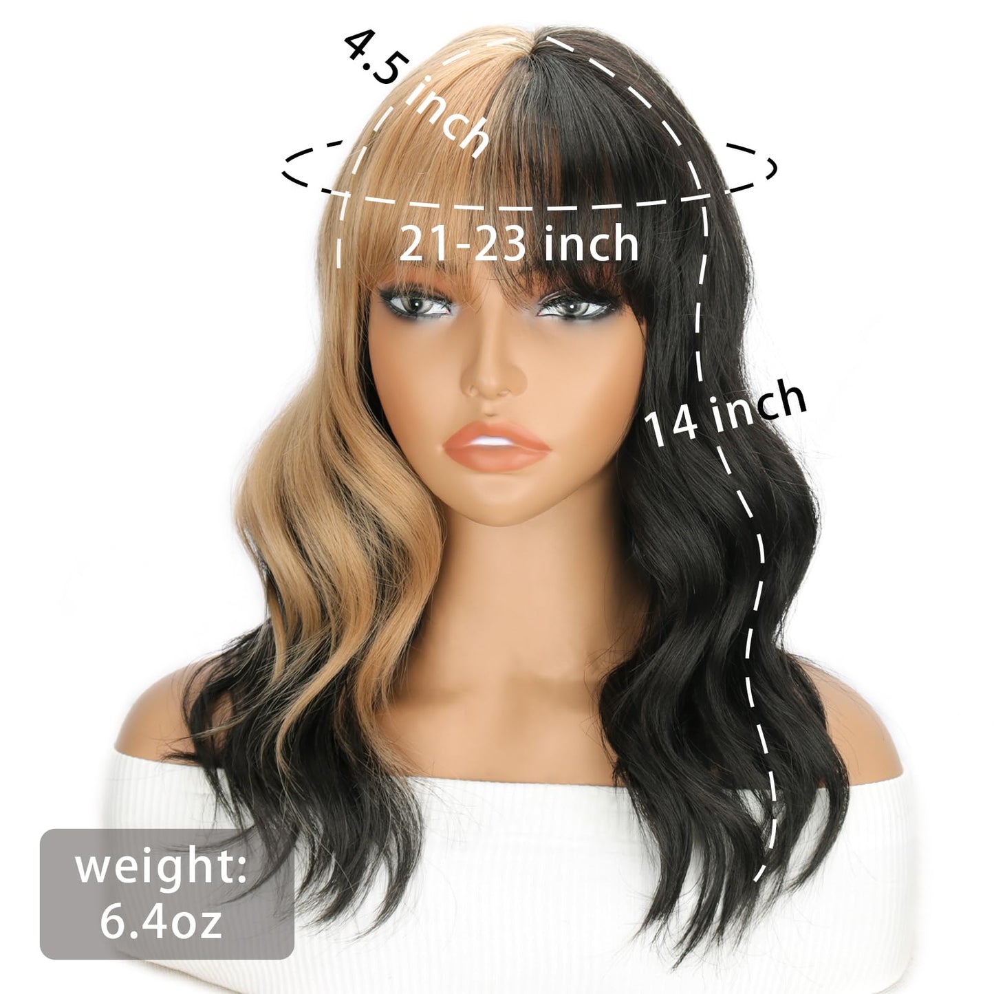 LINGHANG Black and Blonde Wig for Women Shoulder Length Wavy Wigs with Bangs Women's Synthetic Wigs Heat Resistant Hair for Cosplay Halloween Daily Party Use