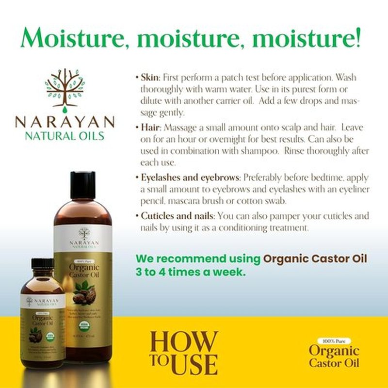 Narayan Organic Castor Oil (16 Fl Oz Glass bottle) — USDA Certified Natural Hexane & Cruelty Free Cold Pressed — For Hair Growth, Eyelashes, Eyebrows & Skin — Extraordinary for Wellness Packs