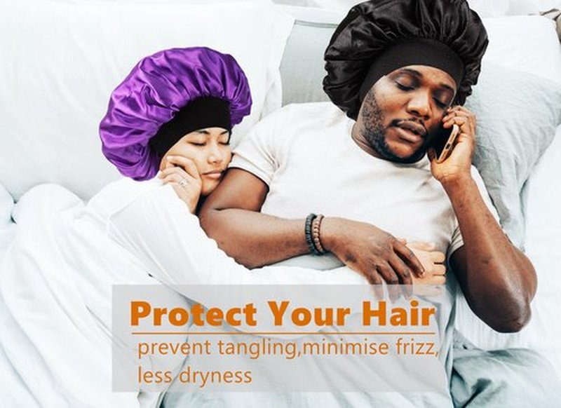 Bonnet for Men,Hair Bonnet for Sleeping,Double Layer Satin Bonnets for Black Women Curly Hair Braids,Reversible Sleep Cap (Large,Black/Purple)