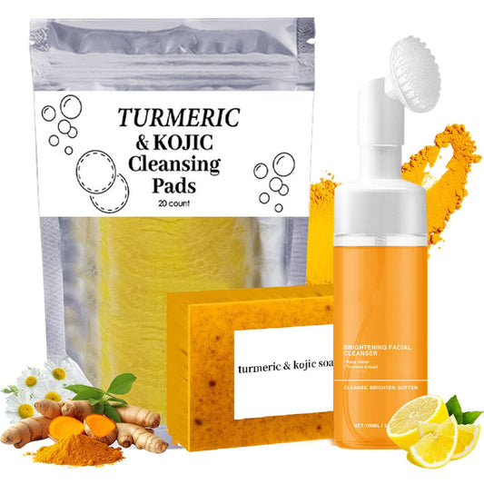 Turmeric Wash and Care Three Piece Set, Turmeric Soap, Turmeric Face Wash With Brush & Facial Cleansing Pads, Moisturizing Exfoliating Skincare Set for Face and Body