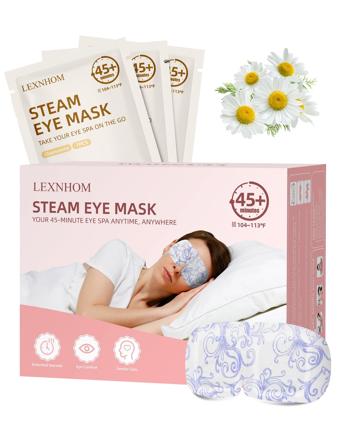 LEXNHOM Heated Eye Mask Disposable 24 Pack, Large, 45+ Min Self Heating Steam Eye Mask for Dry Eyes Dark Circles Puffy for Sleep Travel Office, Warming Rest Eyes Mask Best Gifts for Women (Chamomile)
