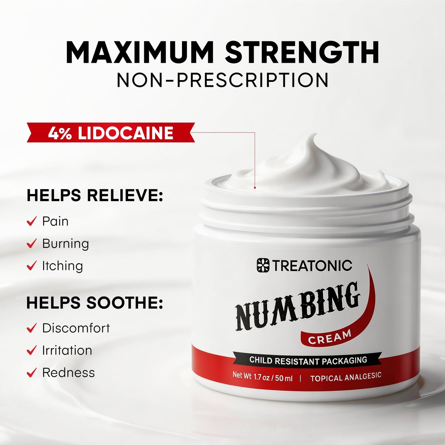 Treatonic Numbing Cream: Extra Strength Numbing Cream for Discomfort, Burning, Itching, & After Sun - Maximum Strength Topical Anesthetic with Menthol & Emu Oil for Toes Feet Hands Legs Arms – 1.7oz