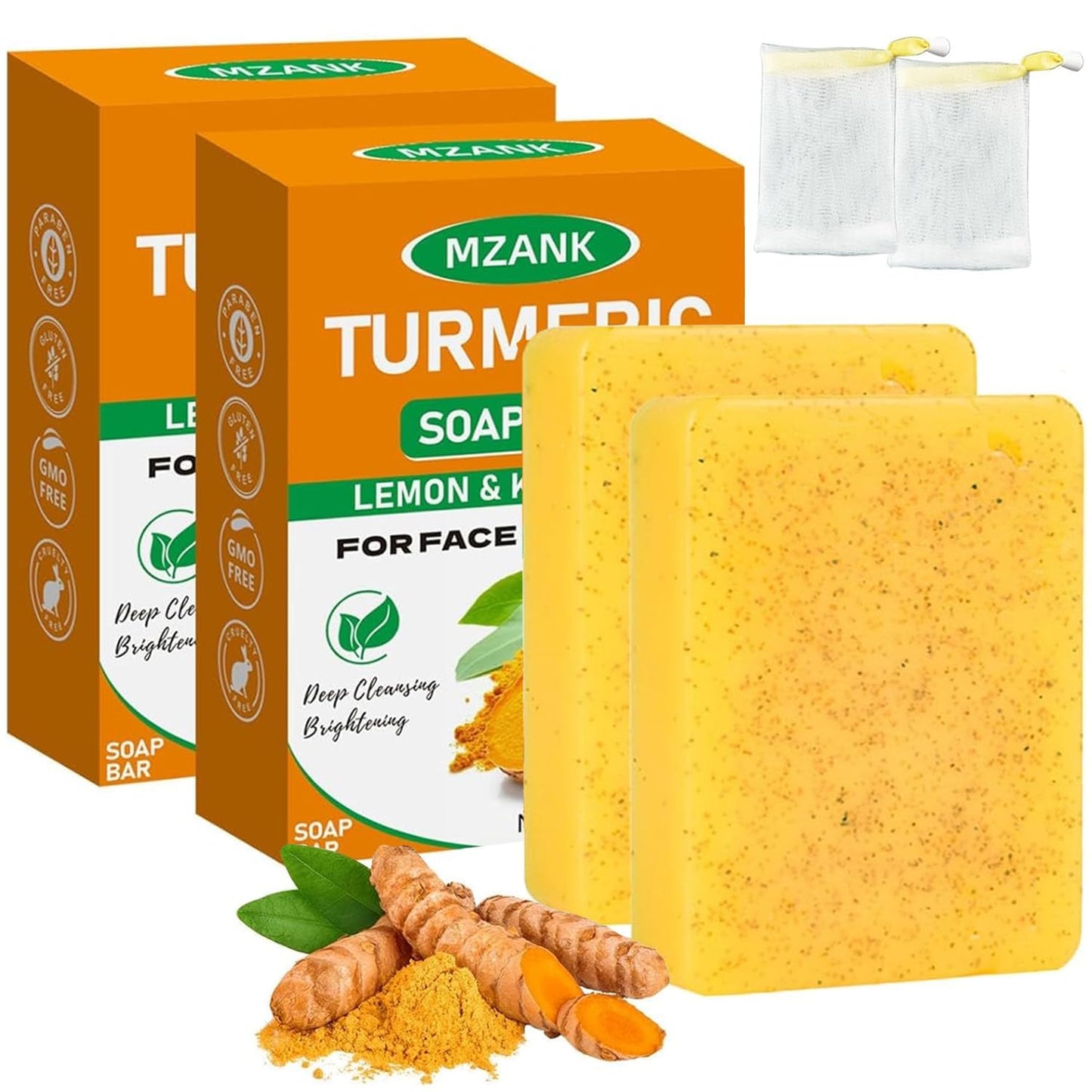 MZANK 2 Pack Kojic Acid Soap,Dark Spot Remover Turmeric Soap Bars Moisturizing with Collagen,Vitamin,Hyaluronic Acid,Retinol,Shea Butter,Tumeric Soaps for Face Body All Skin Types