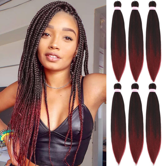 20 Inch Braiding Hair Pre Stretched 6 Packs Yaki Straight Synthetic Bundles Hot Water Setting Prestretched Hair for Braiding Ombre Burgundy Crochet Braids(1B/BUG, 6 Packs, 20 Inch)