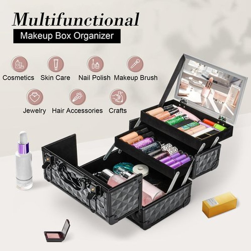 VETALLO Travel Makeup Box, Lockable Makeup Box Organizer I Makeup Train Case I Makeup Case Organizer I Makeup Box with Mirror I Large Makeup Organizer I Gifts For Her Women Bestie I Blue