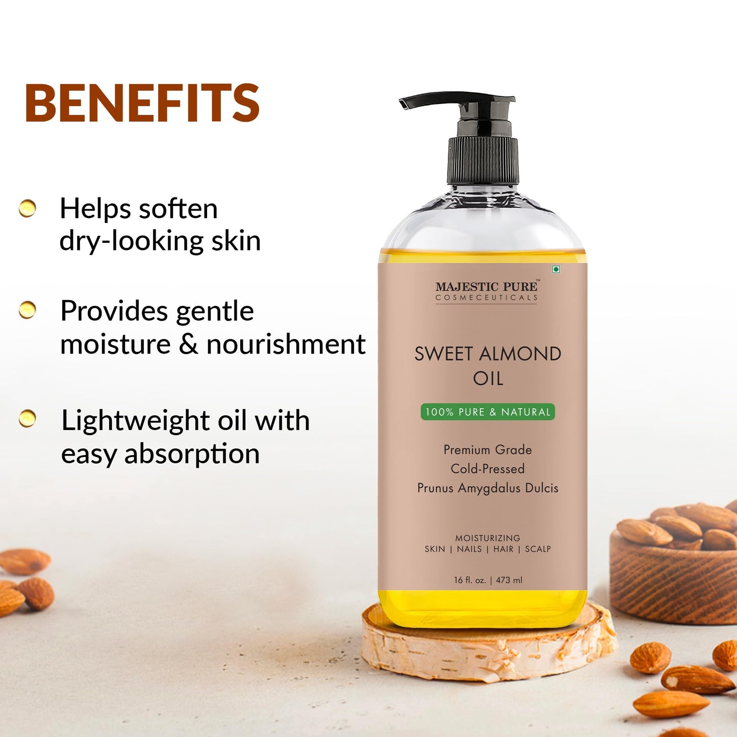 Majestic Pure Organic Sweet Almond Oil - 100% Pure & Natural - Premium Grade, Cold-Pressed, Hexane-Free Carrier Oil for Skin, Hair and Body - Moisturizing Skin, Hair and Scalp - 8 Fl Oz
