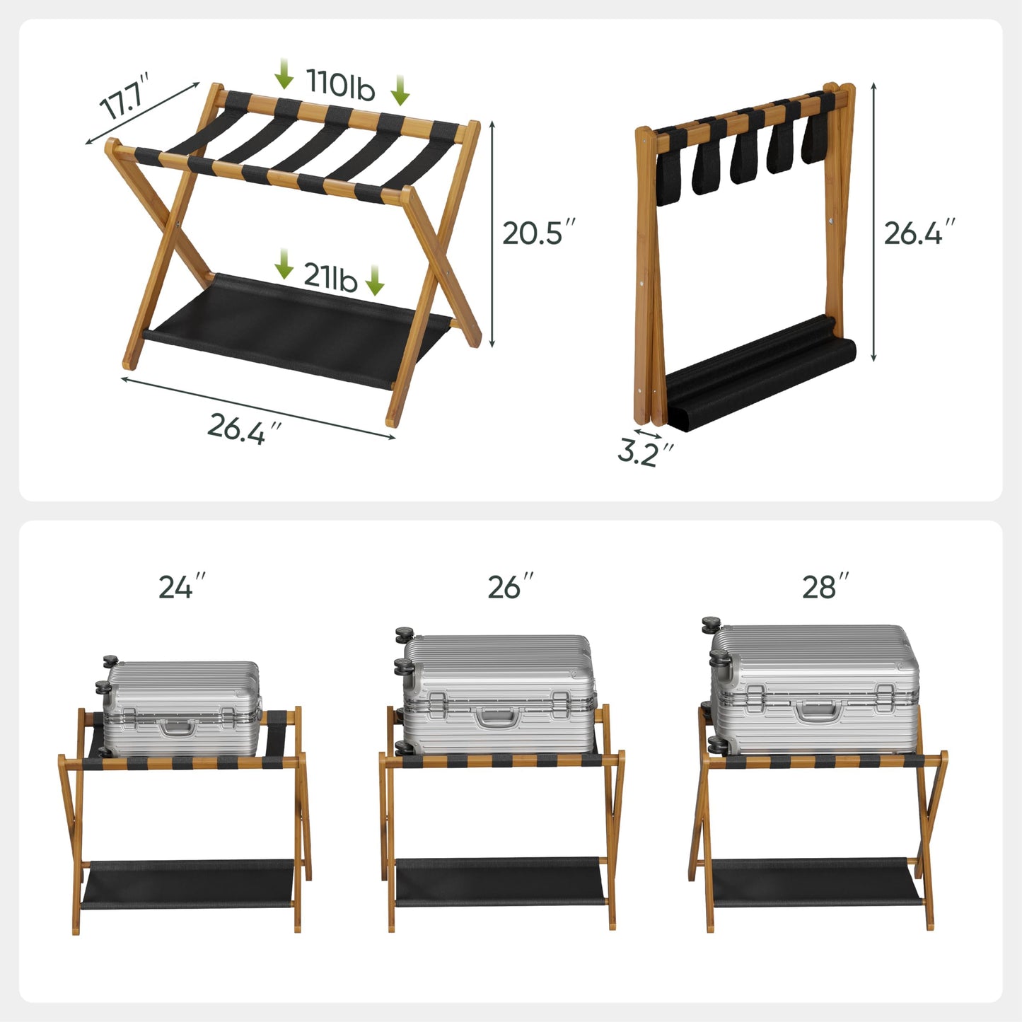 Smart FENDEE 2 Pack Luggage Rack, Folding Luggage Rack for Guest Room, Walnut Bamboo Suitcase Stand Holds up to 131 lb, Luggage Stand with Storage Shelf for Hotel, Bedroom