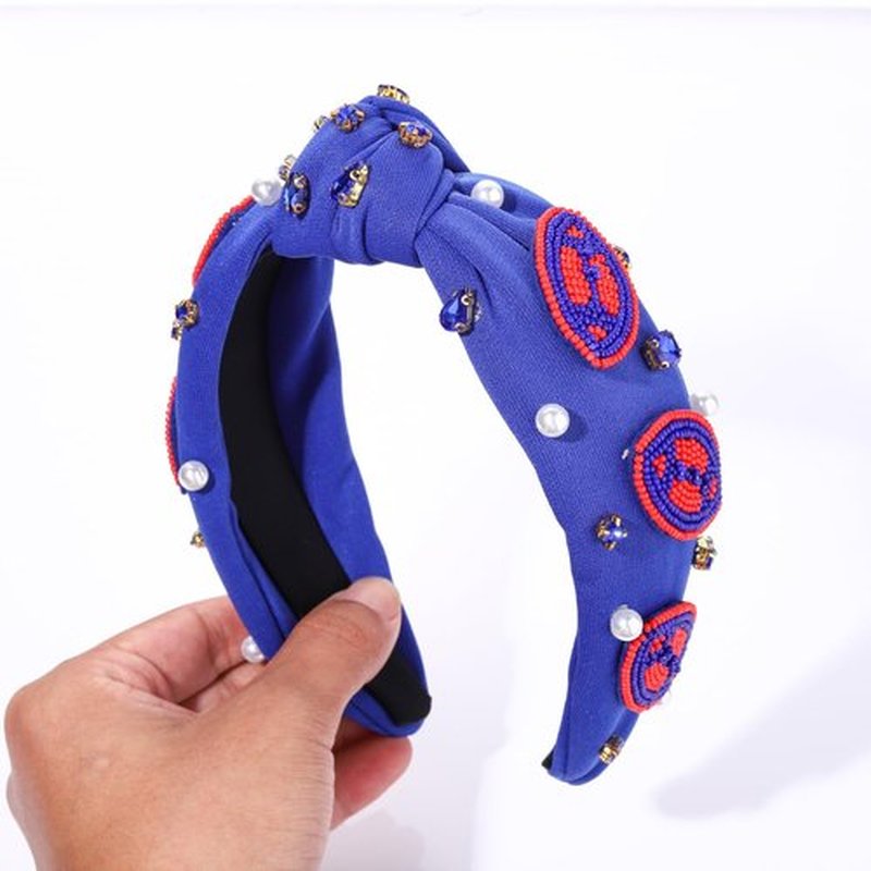 JERTOCLE Game Day Headbands for Women Beaded Football Knotted Headband Pearl Crystal Embellished Wide Headband Sports Fan Game Day Hair Accessories (Blue)