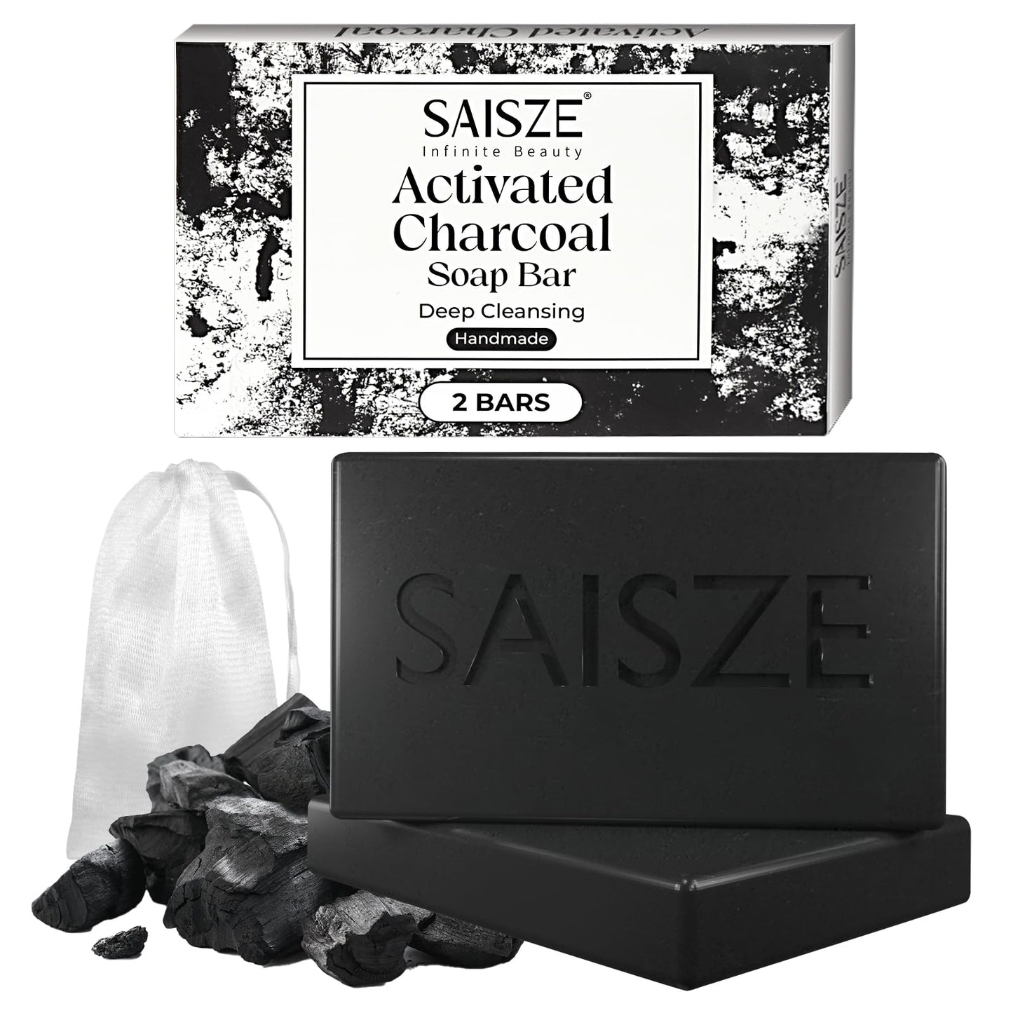 SAISZE Activated Charcoal Soap Bar for Acne and Oil Skin, Natural Black Soap for Face and Body Paraben and Sulfate-Free, 8 Ounce