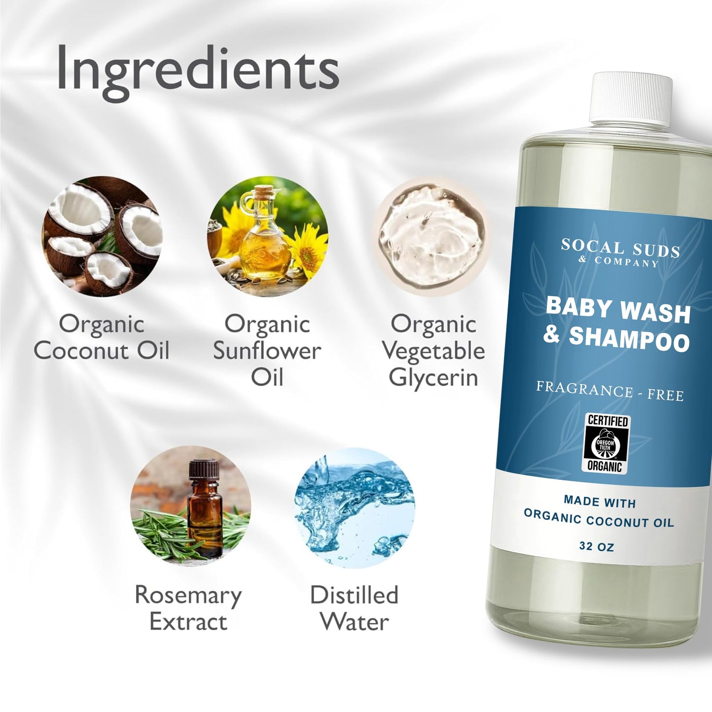 SoCal Suds & Company 2-in-1 Organic Foaming Baby Shampoo & Body Wash - Castile Soap - Gentle Body Soap and Shampoo for Sensitive Skin - Newborn & Kids Bath - Refill - Fragrance Free, 32oz (Pack of 1)