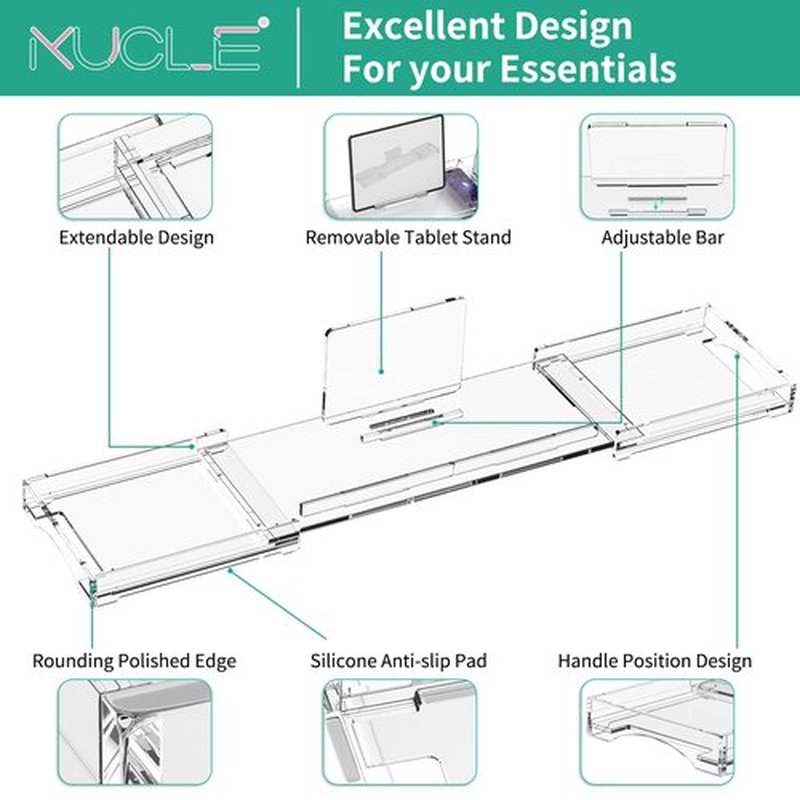 Kucle Expandable Acrylic Bathtub Tray - 23-42 Inches Bath Caddy Tray for Bathtub, Luxury Bath Tub Tray Table for Home Spa, Bath Tray for Tub, Bathroom Tub Accessory Birthday Gift for Her (Clear)