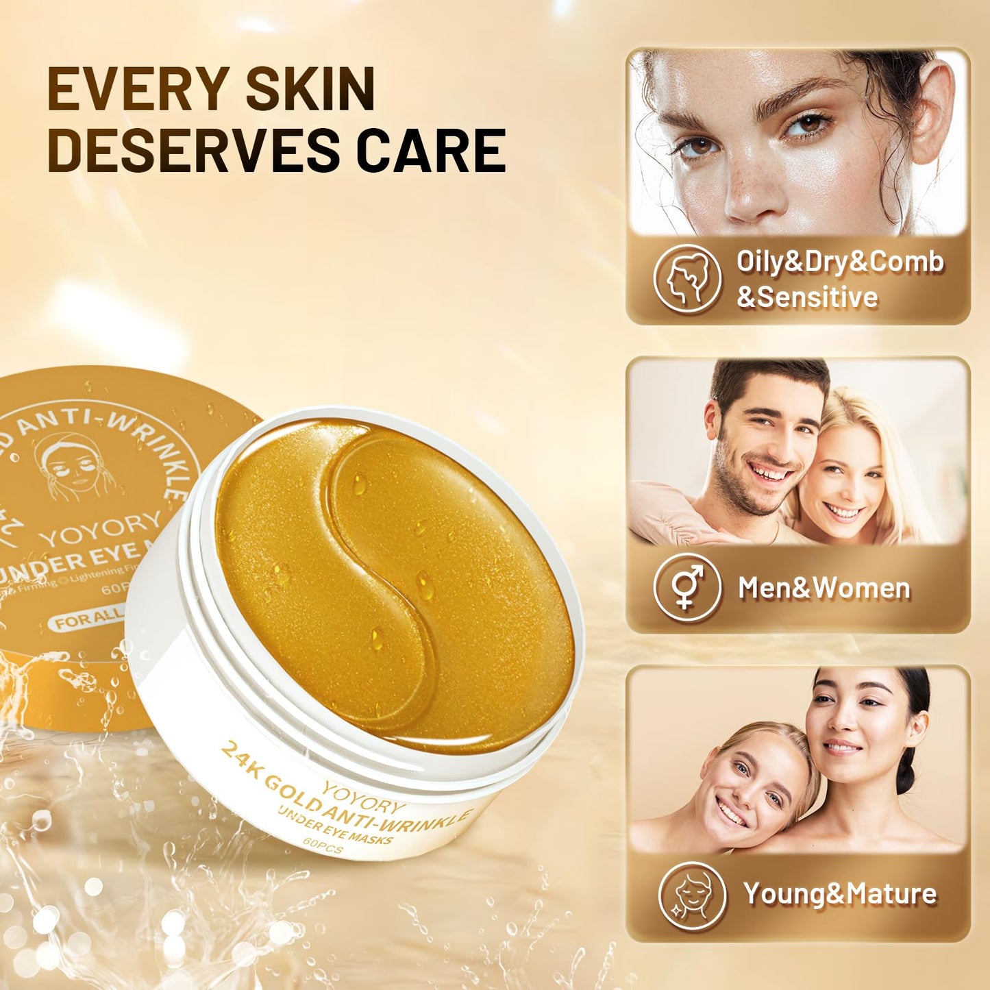 YOYORY Under Eye Patches Masks - for Dark Circles, Puffy Eyes, Fine Lines, Wrinkles, Eye Bags Treatment with Collagen and Hyaluronic Acid,Firming & Cooling, Moisturizing and Hydrating (60 Pcs) GOLD4