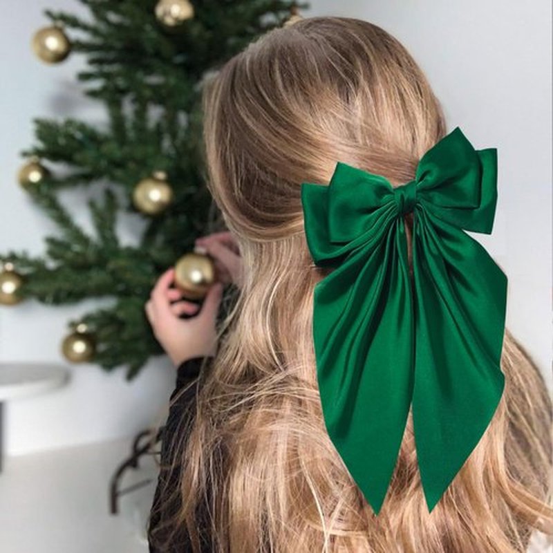 Hair Bows for Women Girls Silky Satin Big Bows Hair Barrettes Oversized Hair Accessories Long Tail Hair Ribbons -3Pcs -Dark Blue Red Green