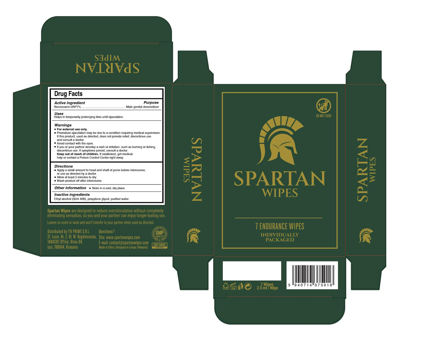 Spartan Wipes - 7% Benzocaine Topical Wipes for Men | External Use | Gentle Formula | 7 Individually Wrapped Packets