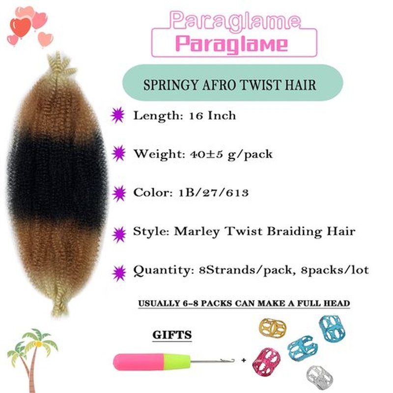 Paraglame Marley Hair 16 Inch Springy Afro Twist Hair 3 Tones Ombre Marley Twist Braiding Hair, Wrapping Hair for Soft Locs Synthetic Crochet Braids Hair Extension for Black Women(1B/27/613)