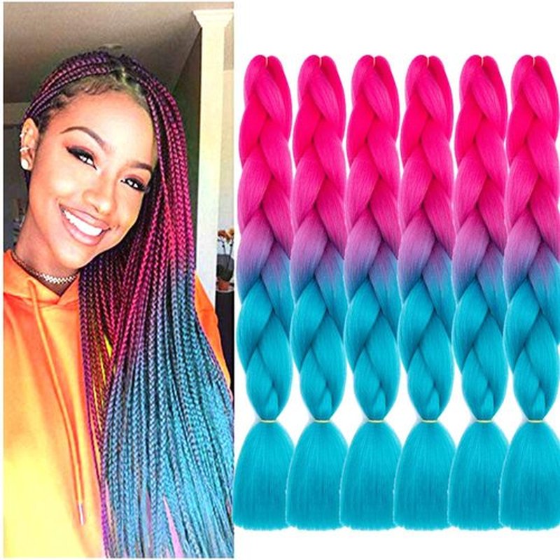 SHUOHAN 6 Packs Ombre Jumbo Braiding Hair Extensions 24 Inch High Temperature Synthetic Fiber Hair Extensions for Box Braids Braiding Hair (Peach Red to Lake Blue)