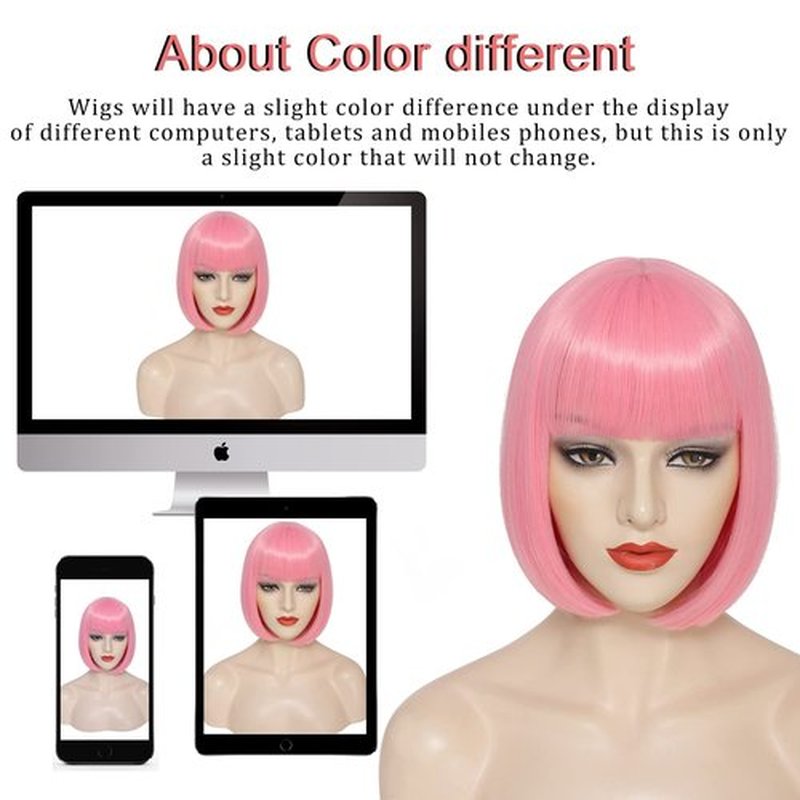 YBYMCAI Pink Bob Wig With Bangs Short Pink Bob Wigs For Women Straight Bob Bangs Wig 10 Inch Heat Resistant Synthetic Hair Natural Looking For Daily Party Use