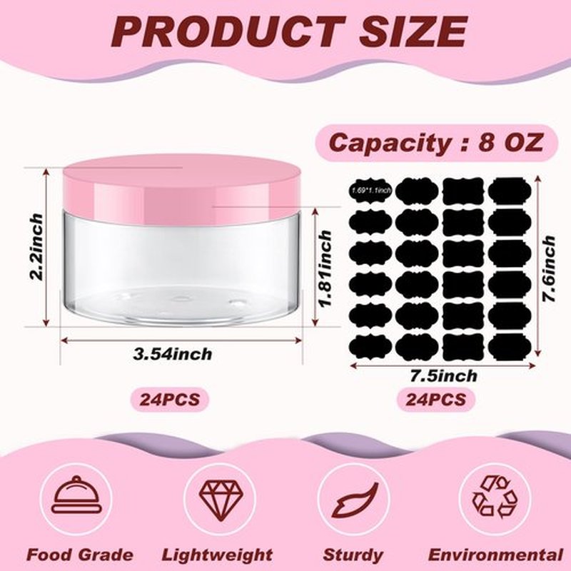 Dandat 24 Pcs Plastic Jars with Lid and Label PET Cosmetic Containers Leak Proof Empty Cosmetic Jars Refillable Storage Travel Jars for Lotion Cream Gel Powder Ointment(Clear with Pink Lid,8 oz)