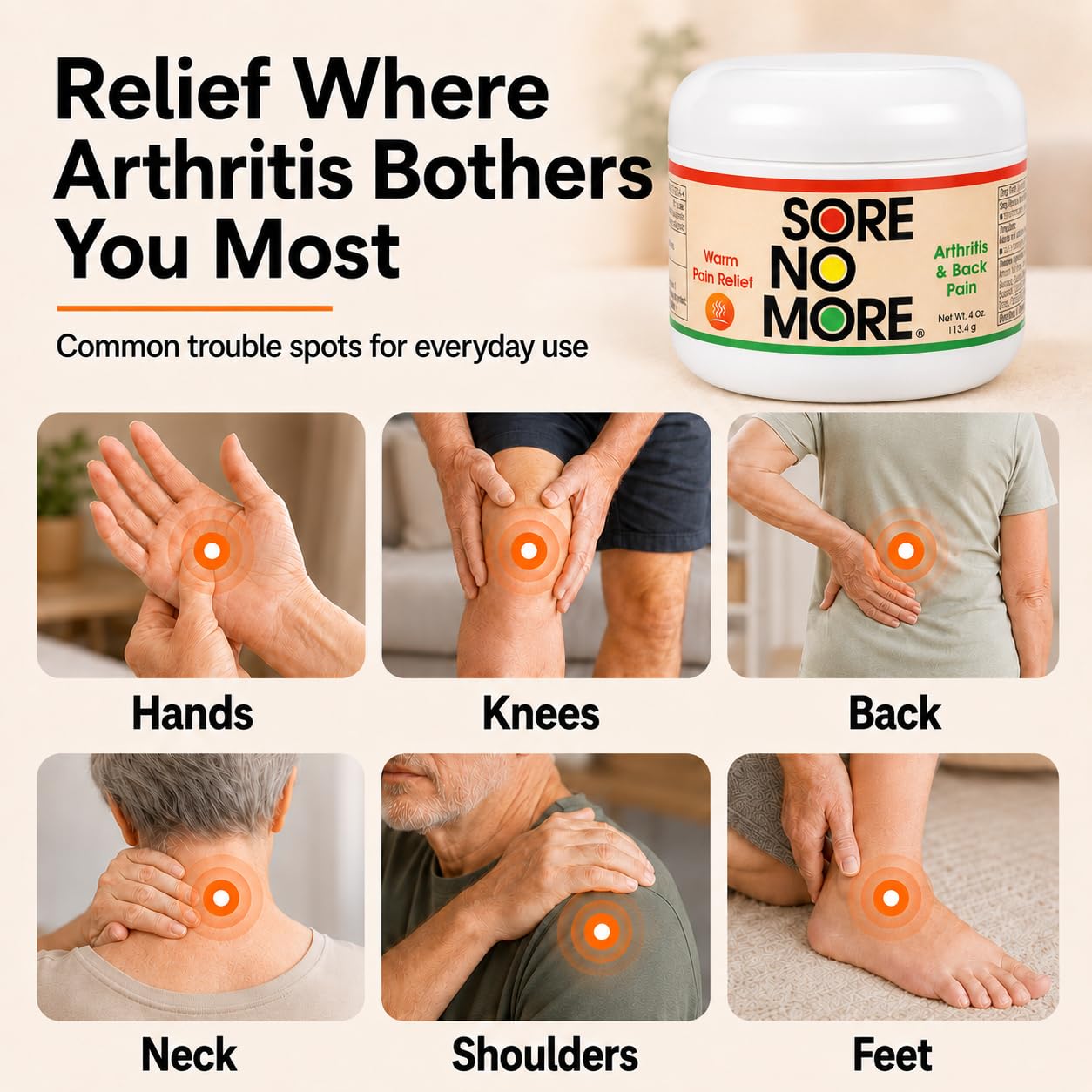 Sore No More Arthritis Pain Reliever Cream – Targeted Warm Relief for Back, Neck, Hands & Feet – Soothing & Fast-Acting Formula for Aches and Pains – Non-Greasy with Orange Aroma – 4 oz
