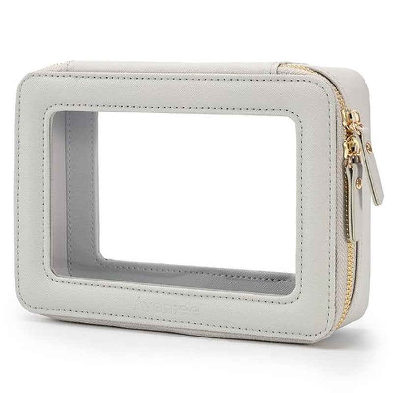 Aveniee Clear Makeup Bag for Women, Clear Cosmetic Case Travel Toiletry Bag, Heavy Duty Makeup Organizer Car Bag for Accessories with Clear Windows & Gold Zippers(Grey,Middle)