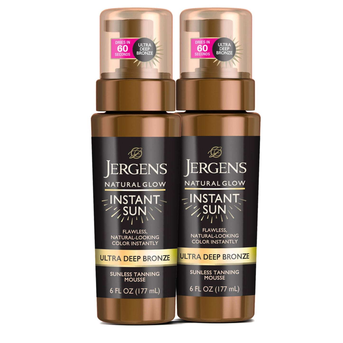 Jergens Natural Glow Instant Sun Body Mousse, Self Tanner for Ultra Deep Bronze Tan, Sunless Tanning Body Bronzer, Natural Looking Fake Tan, 6 Oz, Pack of 2