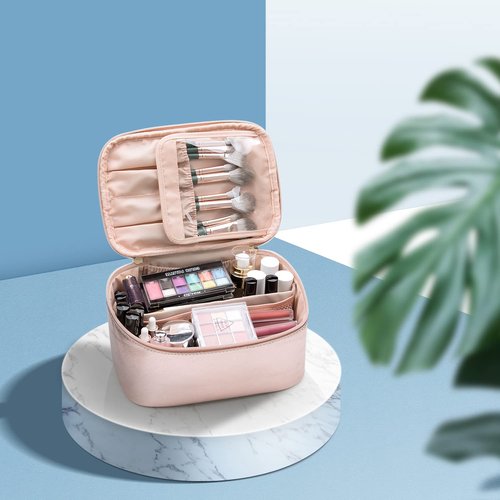 OCHEAL Rose Gold Makeup Bag,Travel Makeup Organizer Bag, Large Capacity Cosmetic Bags For Women Large Travel Toiletry Bag Girls Traveling With Brush Slot And Divider