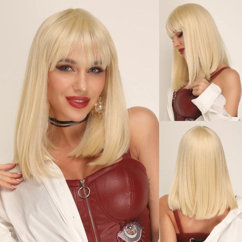 Ebingoo 14 Inches Blonde Bob Wig for Women+ Wig Cap Short Blonde Wig with Bangs Straight Platinum 613 Blonde Wig for Halloween Cosplay Synthetic Wig for Daily Wear Party