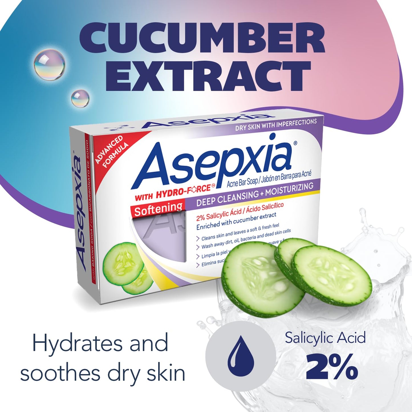 Asepxia Acne Treatment Softening Bar Soap | 2% Salicylic Acid Cleanser, Wash away Oil & Impurities, Soothes with Cucumber Extract, Daily Use, Refreshes Skin, Face Wash, 4 Oz, 2-Pack