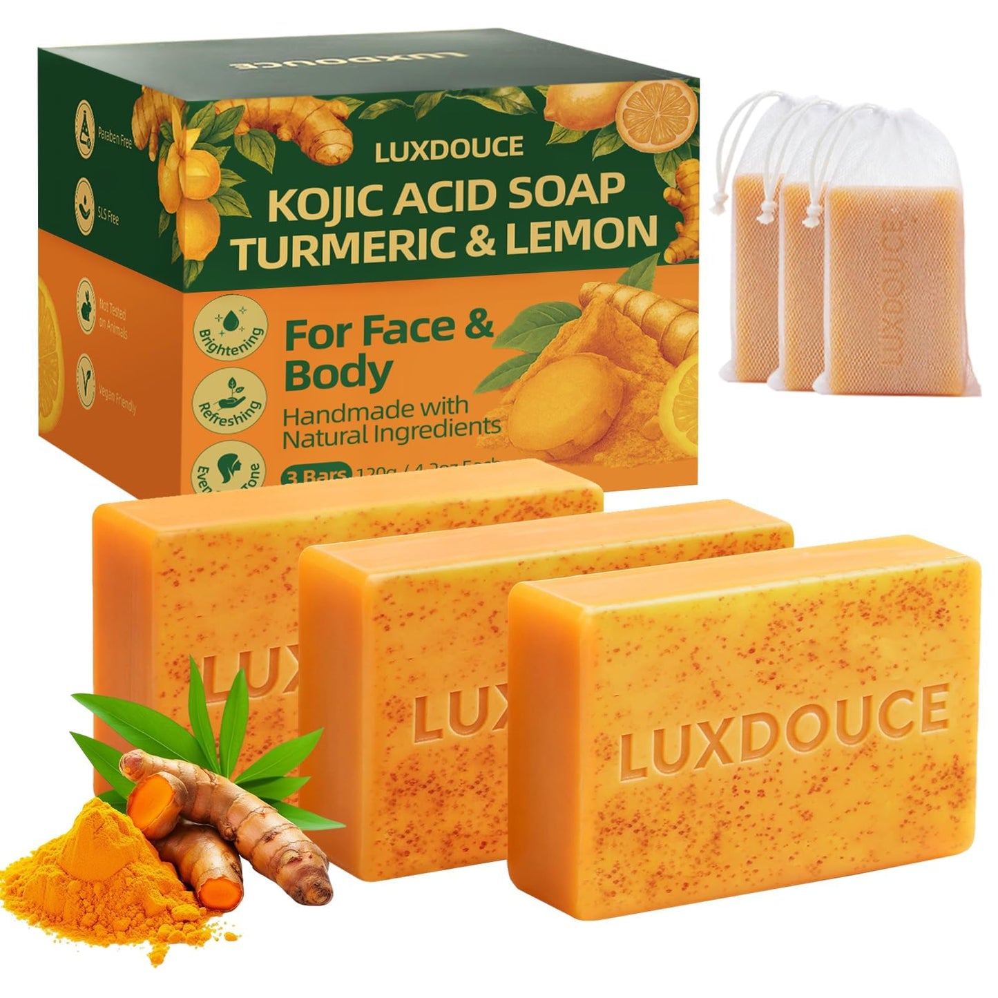 LUXDOUCE Kojic Acid Soap for Dark Spots – Turmeric & Lemon Skin Brightening Soap for Face & Body, Uneven Skin Tone Care & Daily Cleansing, 3 Bars (120g / 4.23 oz Each)