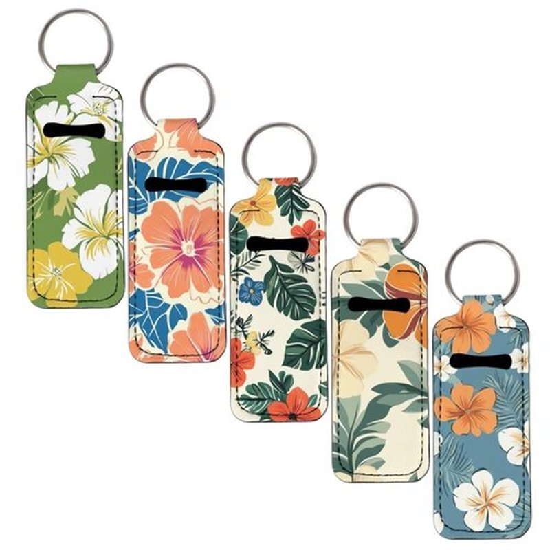 SEANATIVE Tropical Flowers 5 PCS Chapstick Holder Keychain Clip-on Sleeve Chapstick Pouch Neoprene Keychains Lipstick Holder Lip Balm Holster Keychain Holder for Chapstick Tracker