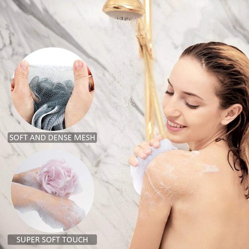 Loofah Bath Sponge, Novosun Mesh Pouf Shower Sponge Soft Exfoliating Shower Luffas for Silky Skin Pack of 4 Pastel Colors, XL (80g/pcs)