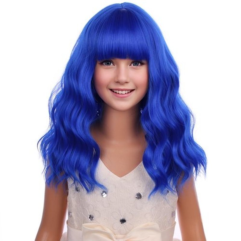 PATTNIUM Dark Blue Wig Kids Child Wig Short Curly Wavy Wig Blue Wig for Kids Dark Blue Wig with Bangs Synthetic Hair Girls Wig (Dark Blue)