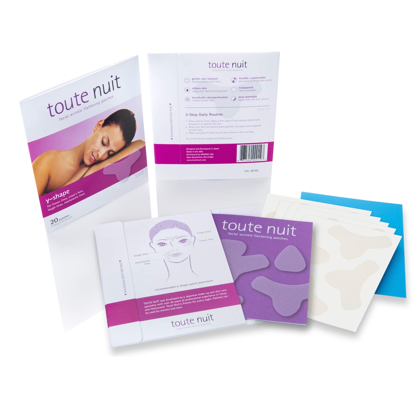 Toute Nuit Wrinkle Patches – Y Shape – Face Tape for Forehead, Between the Eyes & Around Mouth – Hypoallergenic Anti Wrinkle Patches – 20 Count, Made in USA