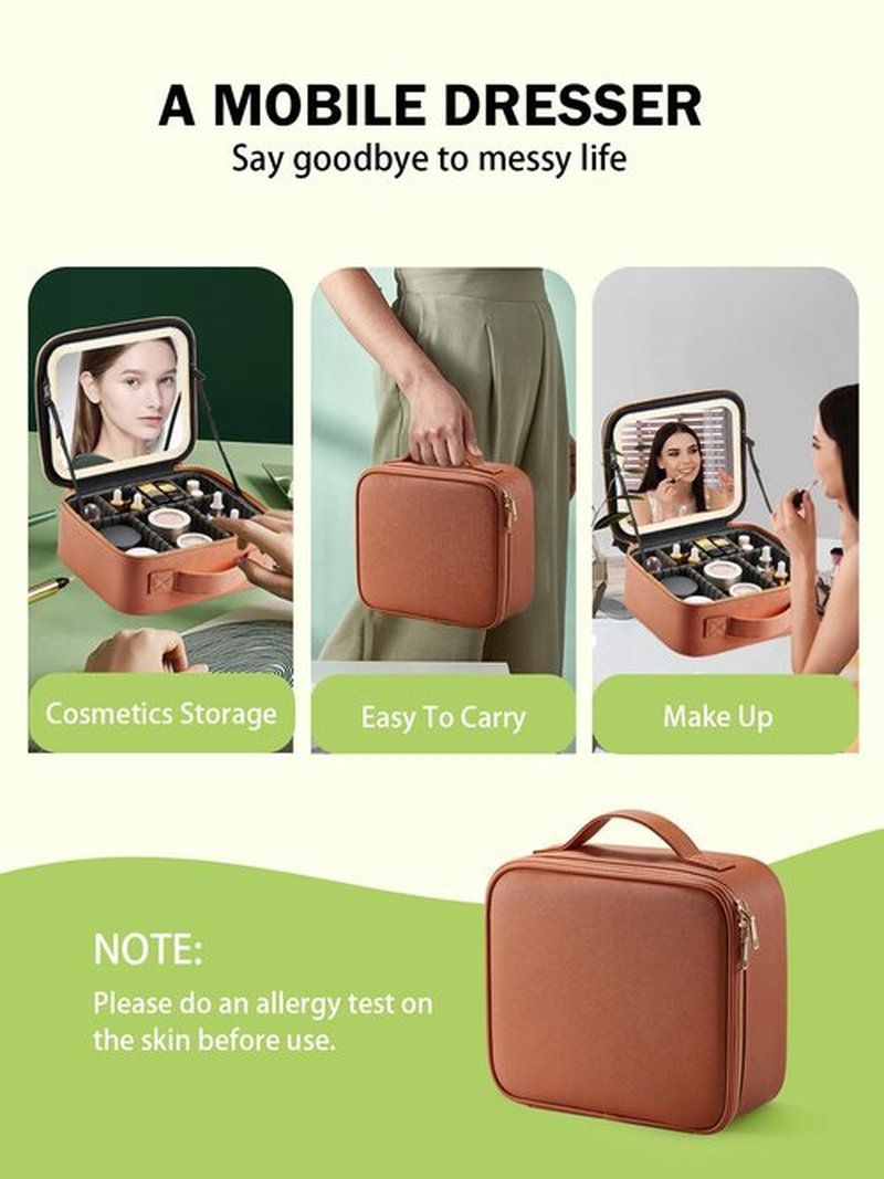 MIRRORNOVA Travel Makeup Bag with Lighted Mirror，Makeup Train Case with Adjustable Dividers and 3 Light Modes, PVC, Yellowish-brown