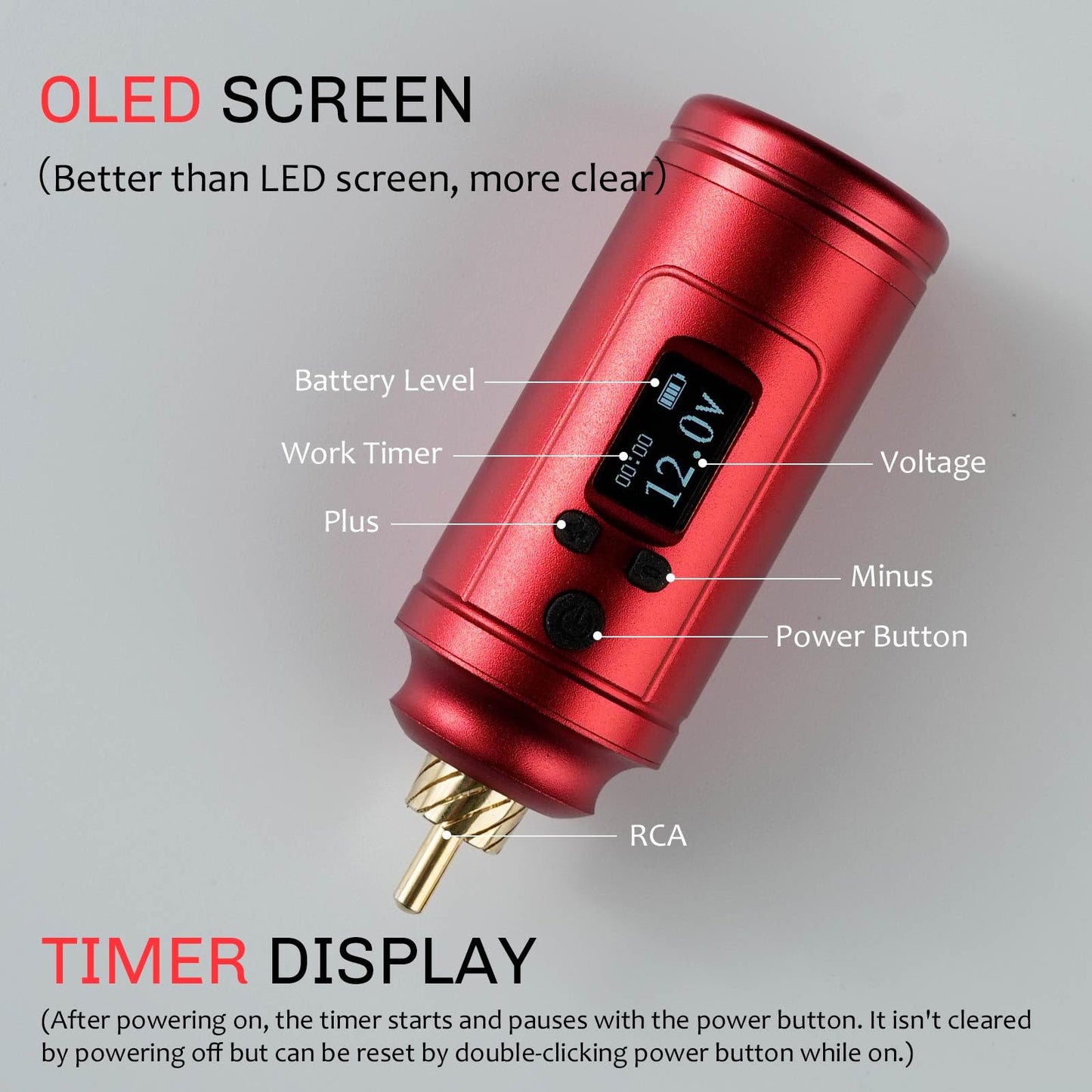 Dragoart Aurora-1 1500mAh Tattoo Battery for Wireless Tattoo Gun 4V-12V, OLED Screen Timer Display Screen Mirroring, Lightweight Tattoo Power Supply for Wireless Tattoo Gun Tattoo Machine, RCA Red