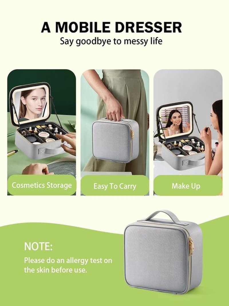 MIRRORNOVA Travel Makeup Bag with Lighted Mirror，Makeup Train Case with Adjustable Dividers and 3 Light Modes, PVC, Silver