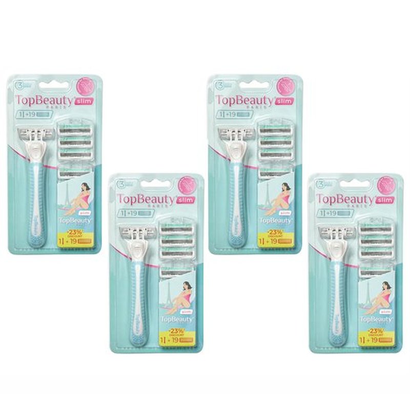TopBeauty Paris Slim Razors for Women - Manual Razor with Refills (4 Handles + 76 Replaceable Cartridges) - 3-Blades Technology - Beautiful Price - Bikini Razor - Soft Shave & Loving Care