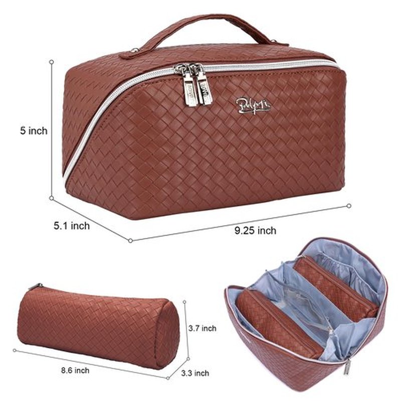 Travel Makeup Bags Cosmetic Organizer Bag: Large Capacity Make up Bag Set of 3 - Vegan Leather Toiletry Bag for Women - Portable Makeup Organizer with Compartments & Handle & Divider (1 Brown)