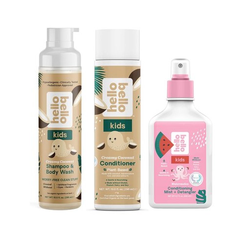 Hello Bello Creamy Coconut Shampoo & Body Wash 10 fl oz, Conditioner 10 Fl Oz, Watermelon Conditioning Mist + Detangler - Gentle, Hypoallergenic, Dermatologist-Tested, Vegan